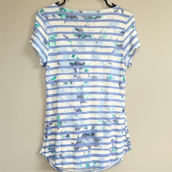4/25$ Apt No 9 Blouse Short Sleeve Top With Swoop Neck Blue and White Medium - Picture 2 of 6